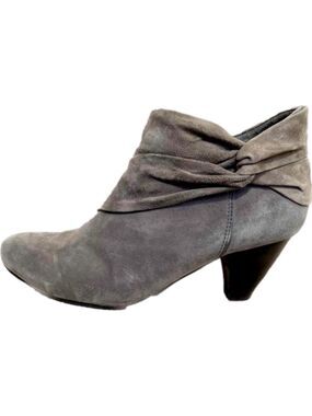 Browns Gray Suede Bootie Ankle Boot Knot Detail, 3” Cone Heel, Side Zip, Size 8
